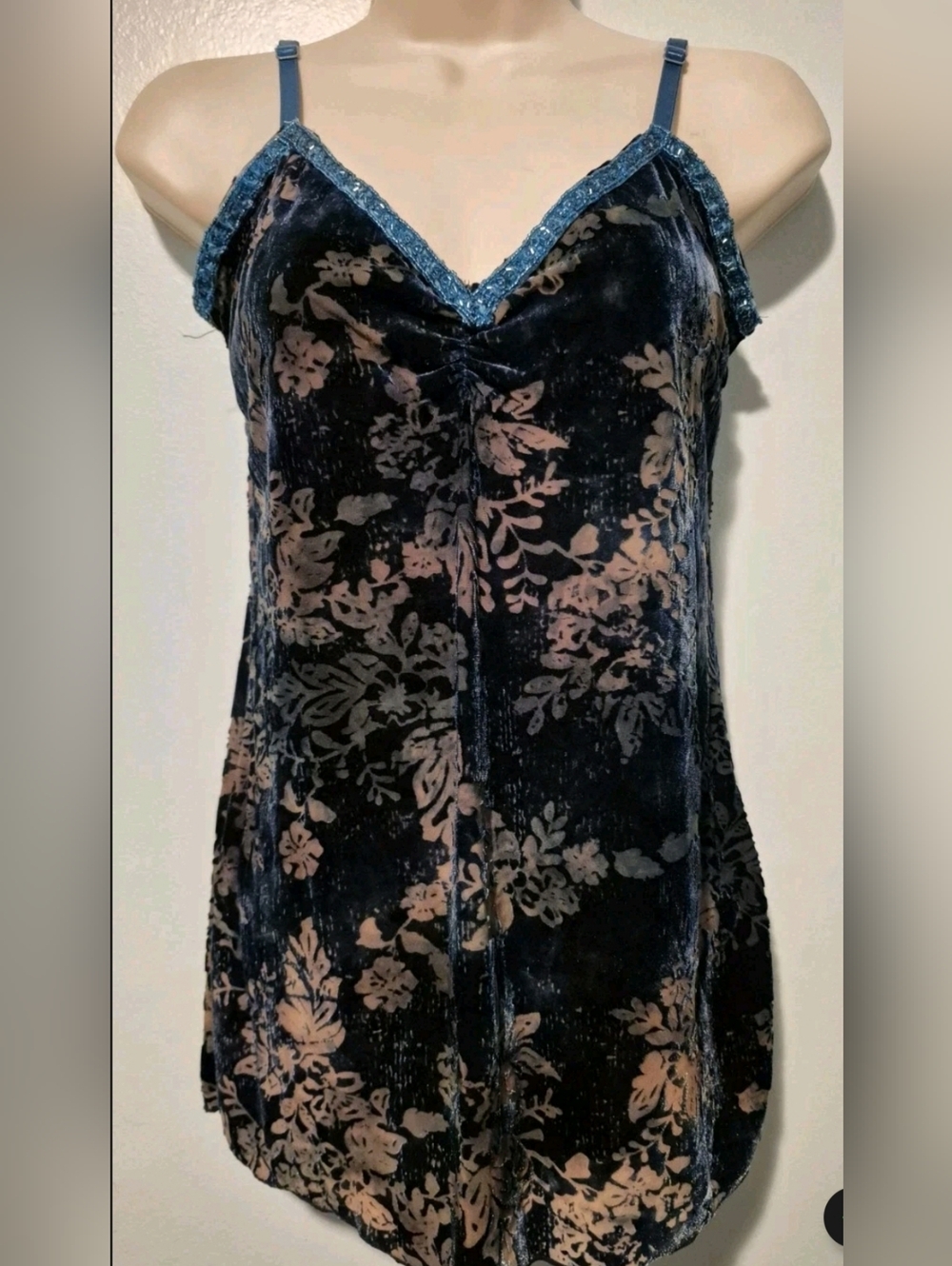 Y2K DKNY Blue Velvet Burnout Cami Women's Sz L Whimsy Goth Fairy Beaded